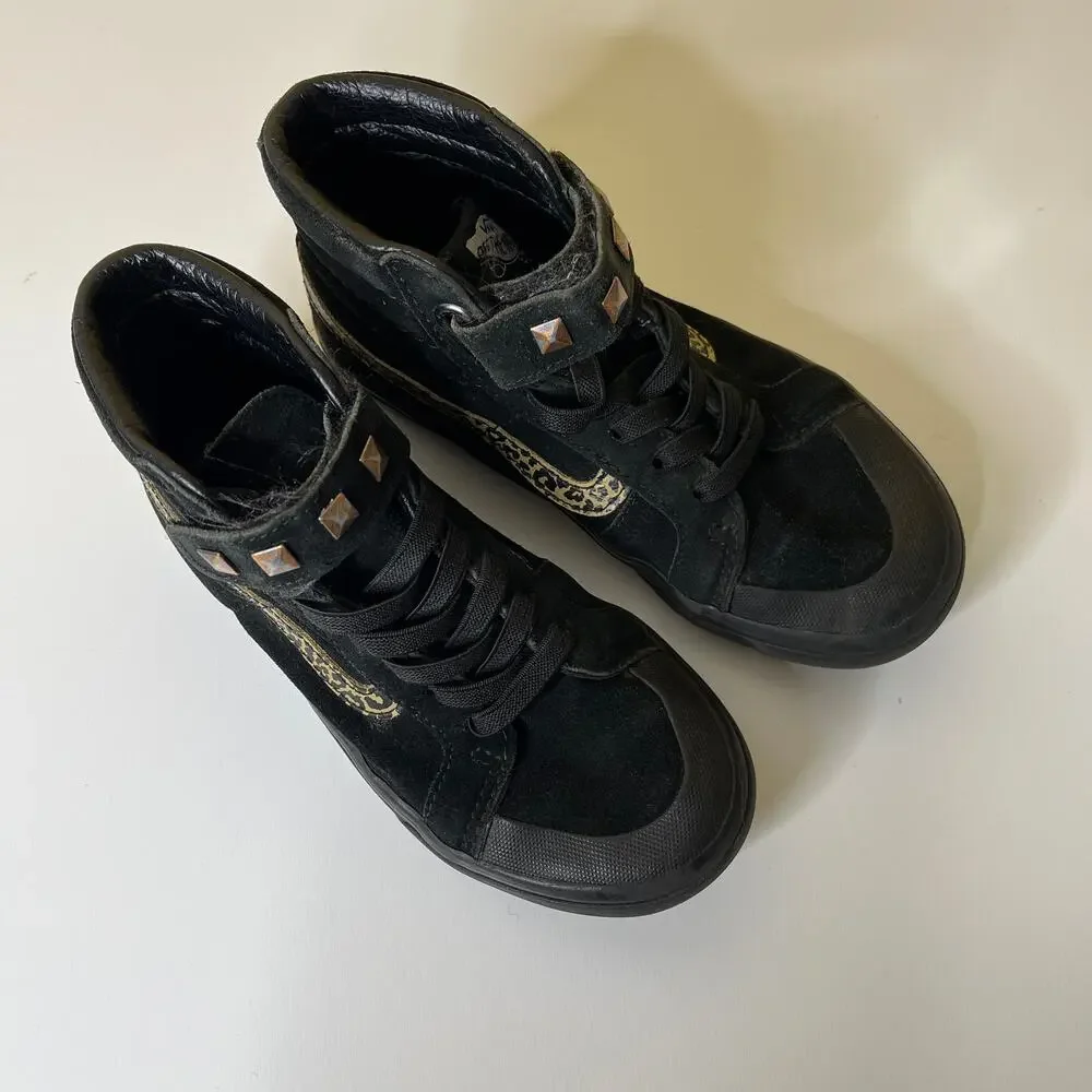 Vans SK8 Hi-Top Skate Shoes‎ Sneakers Kids Boys 13.5 Black Suede Studded Leopard